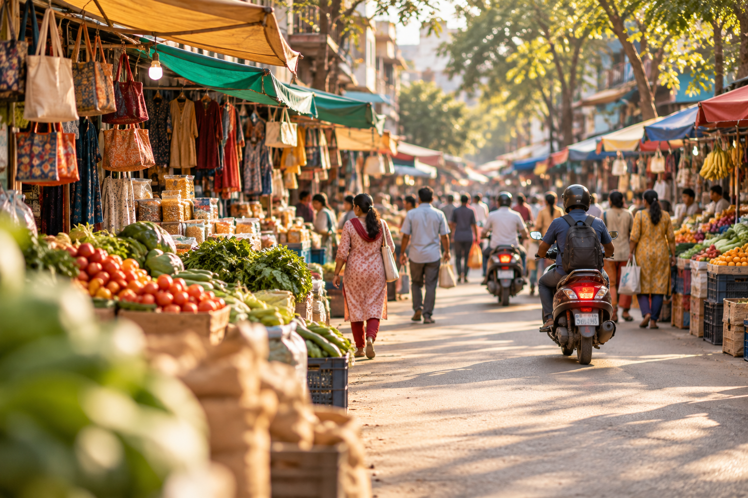 A busy Indian street market with shoppers, stalls and a scooter rider