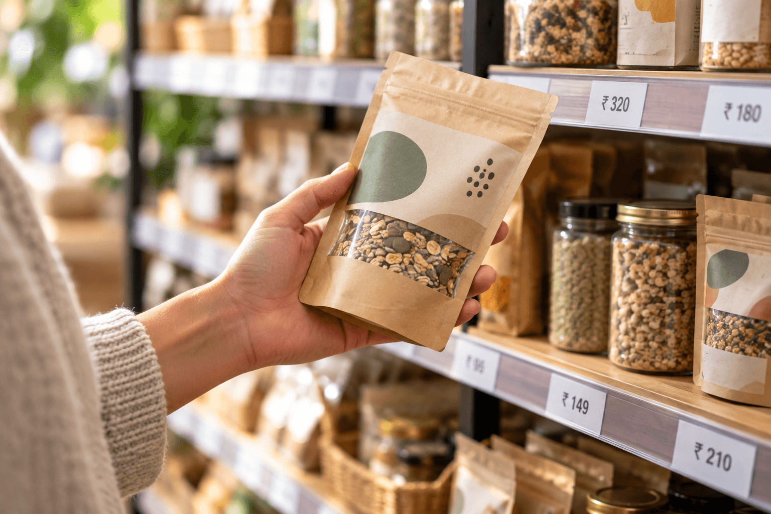 A shopper holding a pouch in front of store shelves with rupee price tags