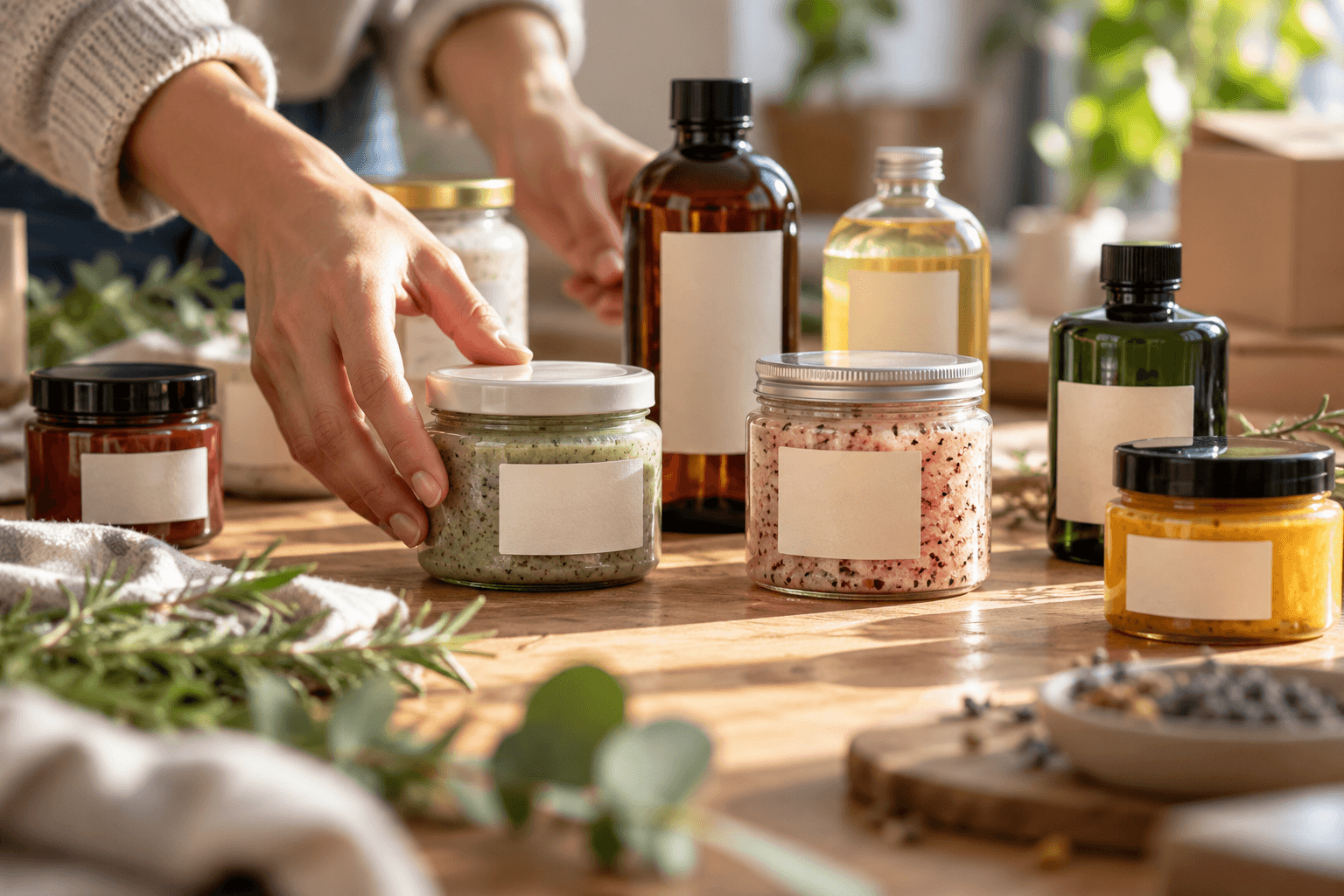 Hands arranging unlabelled jars and bottles of new products on a wooden table